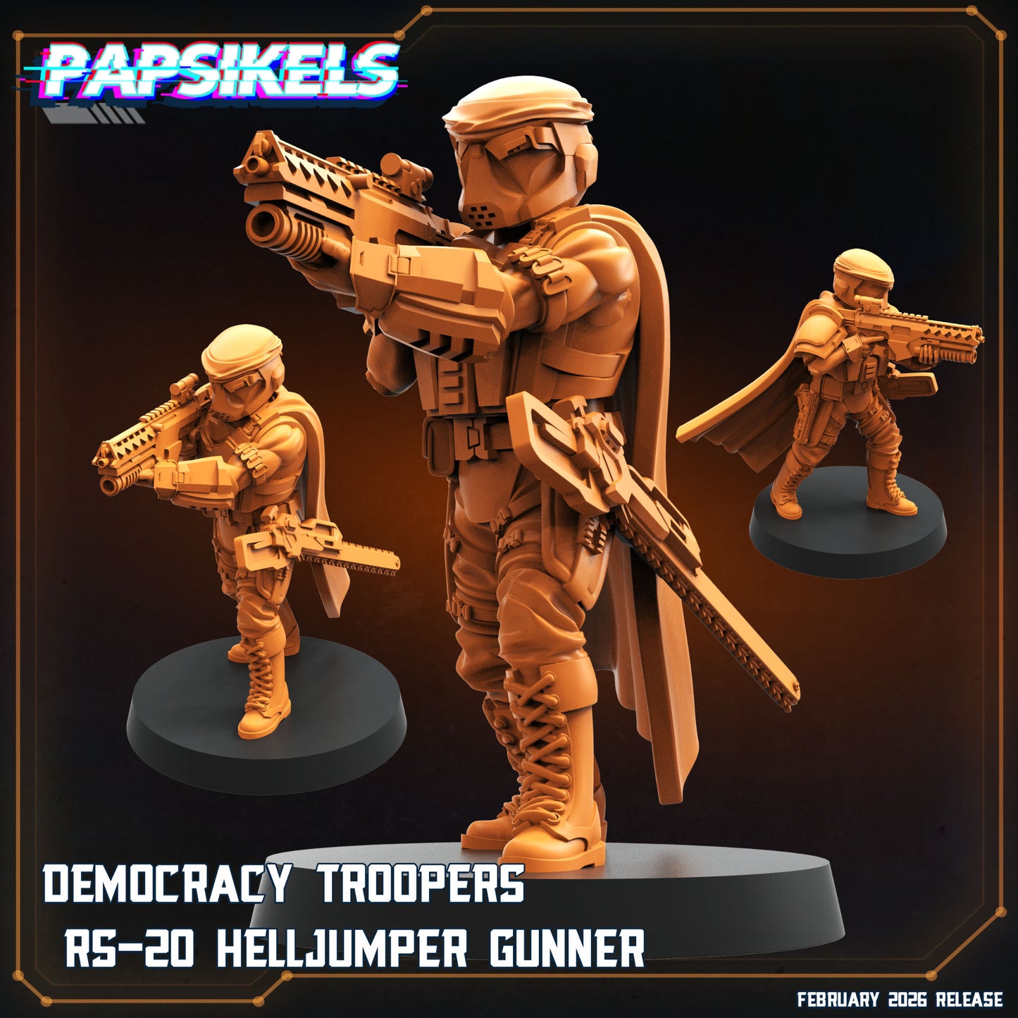 Democracy Trooper RS-20 Helljumper Gunner Papsikels sci-fi resin miniature with rifle and sidearm