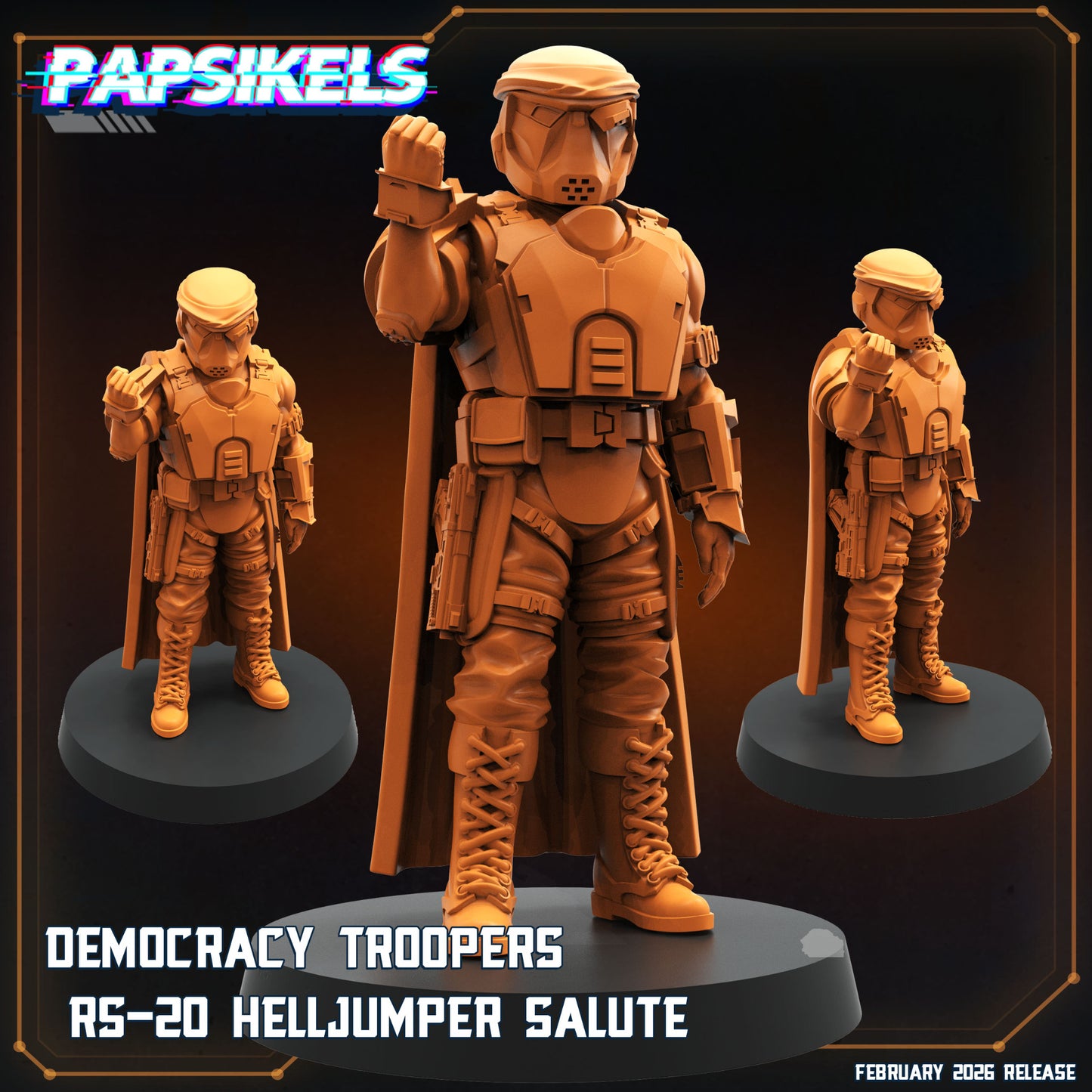 Democracy Trooper RS-20 Helljumper Salute Papsikels sci-fi resin miniature raising a fist
