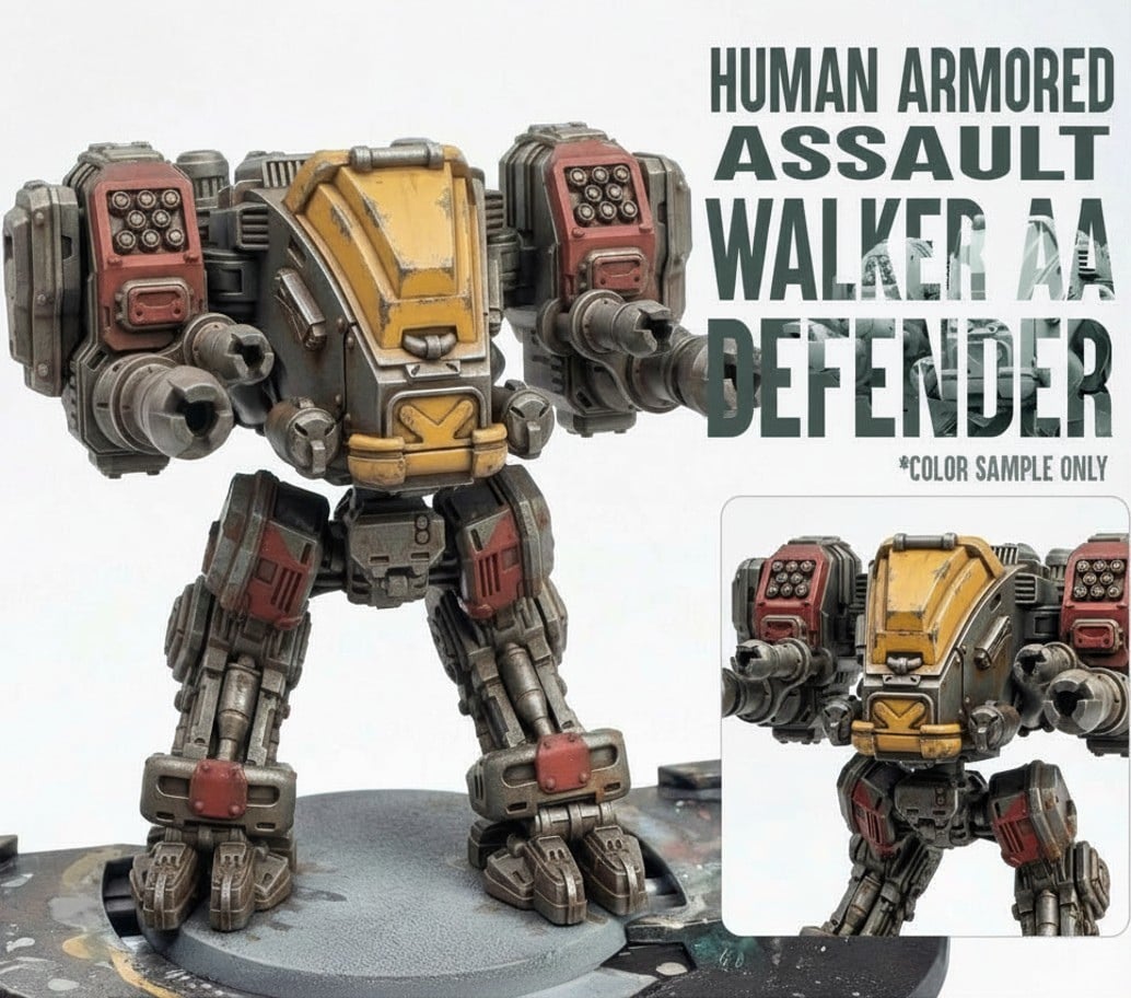 Painted colour sample of the Human Armored Assault Walker AA Defender Papsikels sci-fi mech miniature