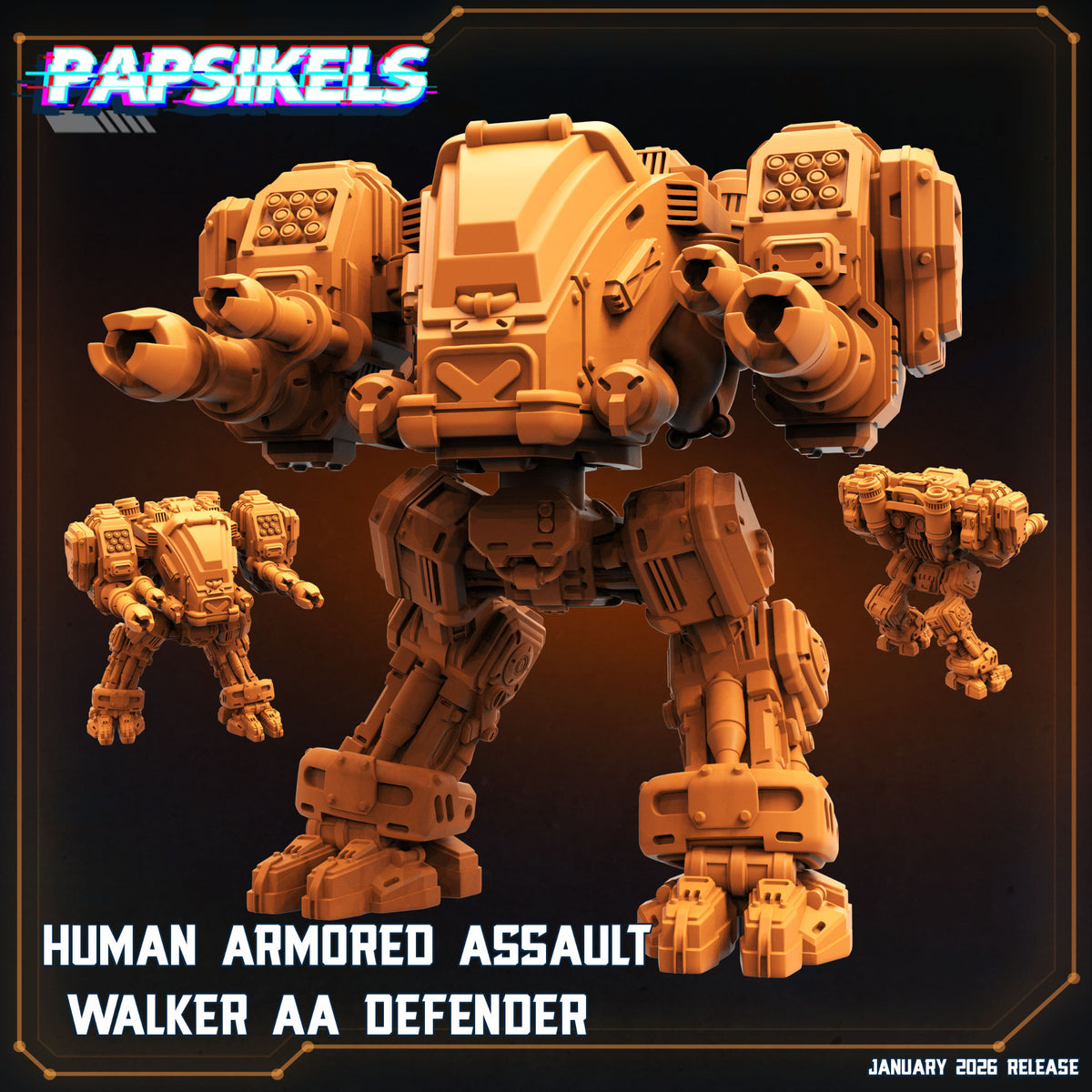Human Armored Assault Walker AA Defender Papsikels cyberpunk sci-fi combat walker resin miniature render