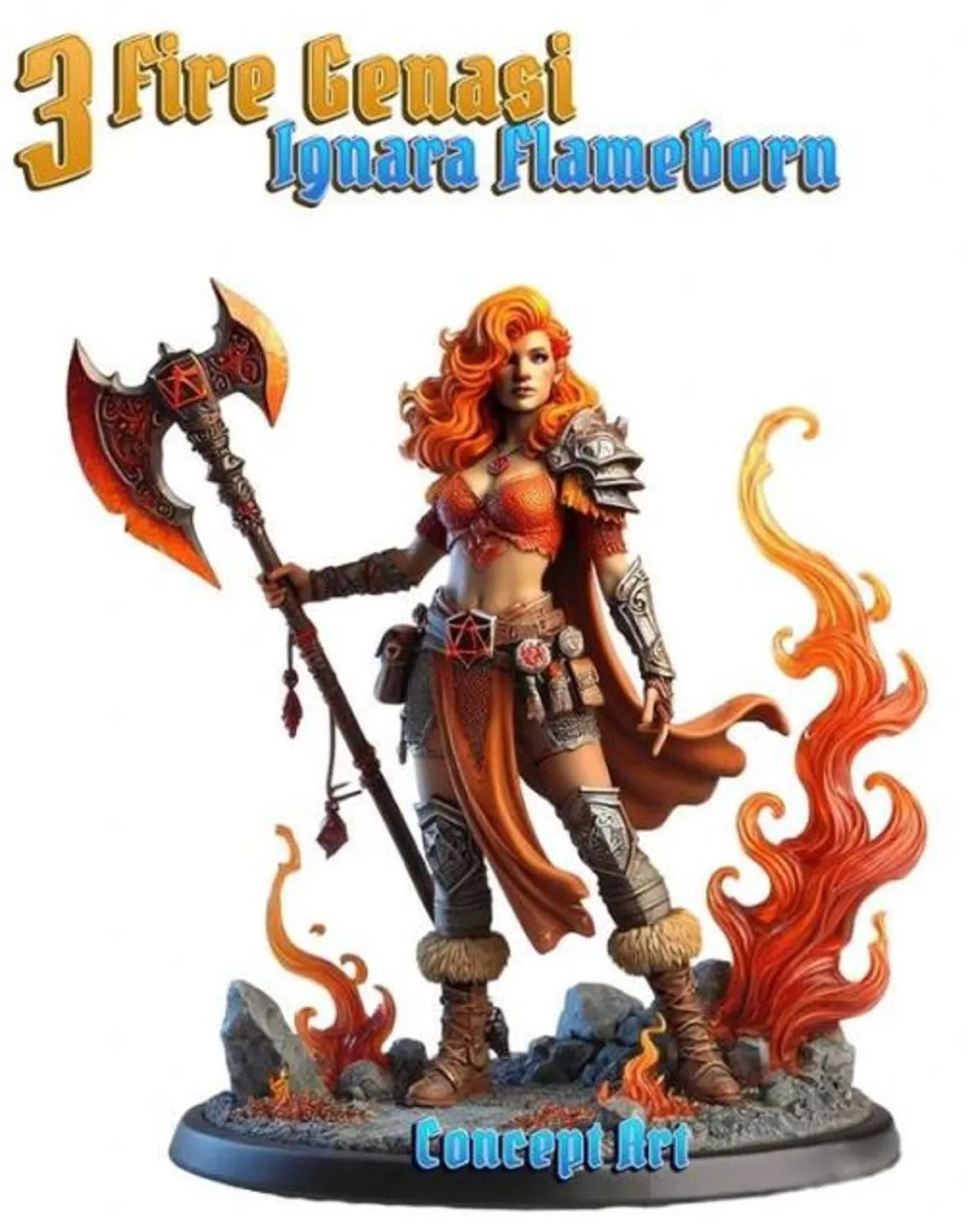 Ignara Flameborn, Fire Genasi Barbarian | Dungeons and Damsels | Cosmondo | 28mm, 32mm, 75mm | Dungeons & Dragons | TTRPG | RPG | Resin