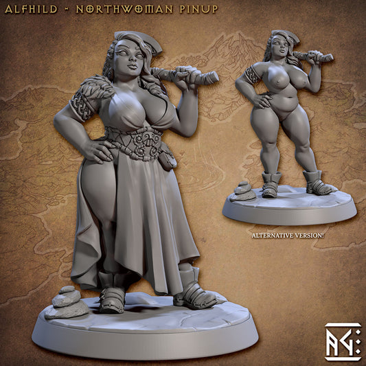 Alfhild Northwoman Pinup Miniature - 32mm Skutagaard Saga Figure for D&D, Pathfinder, and TTRPG Games