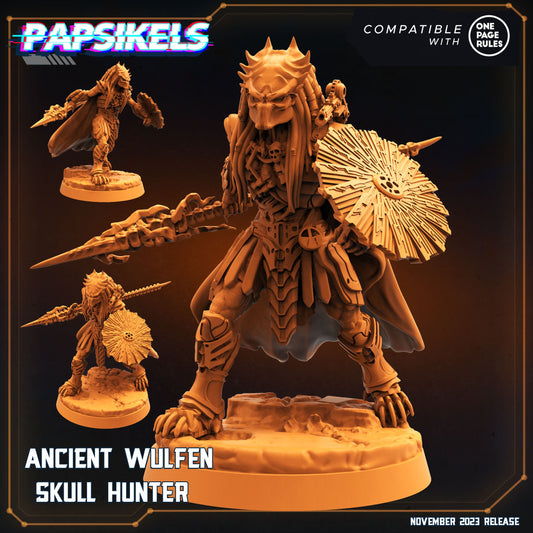 Ancient Wulfen Skull Hunter Miniature - 32mm Resin Tabletop Figurine for One Page Rules Army