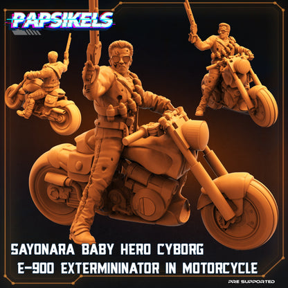 Sayonara Baby Hero Cyborg E-900 Exterminator - Futuristic Cyborg Hero on Motorcycle - 32mm Miniature for Cyberpunk RPG Games