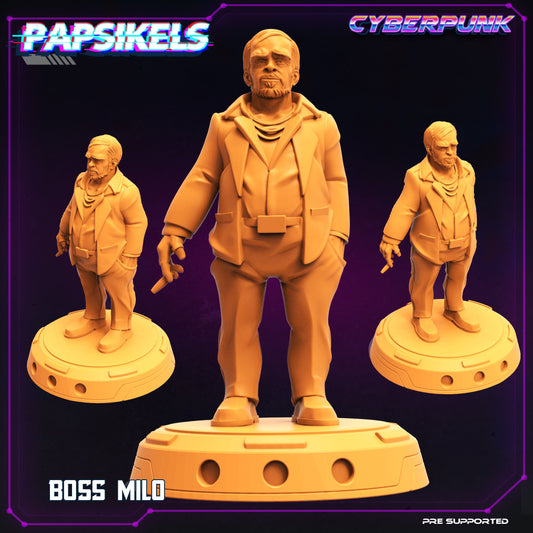 Cyberpunk Boss Milo 32mm Miniature | Papsikels RPG Anime-Inspired Figurine for Tabletop Gaming