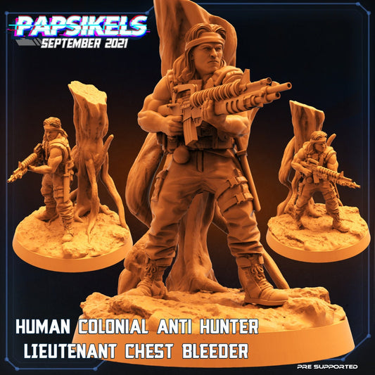 Skull Hunters - Human Colonial Hunter Lieutenant Chest Bleeder - Papsikels, Resin - Tabletop miniature - 32mm