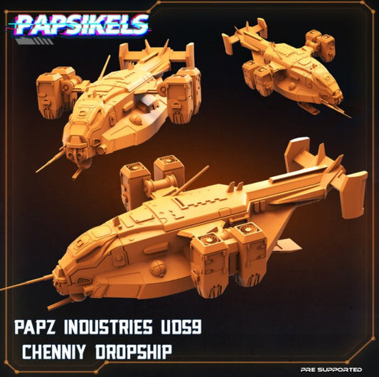 Papz Industries UDS9 Chenny Dropship, miniature sculpted by Papsikels. Mini wargaming/ Wargames/ TTRPG/ Cyberpunk