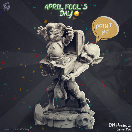 April Fools Treasure Goblin | Throwback | August 2024 | 75mm Scale | 65mm Base | CastNPlay | Dungeons and Dragons | TTRPG | Resin Miniatures