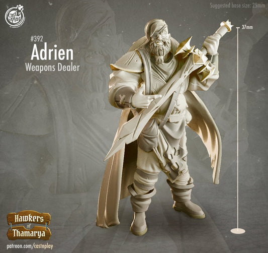 Adrien, Weapons Dealer | Throwback | August 2024 | 32mm Scale | 25mm Base | CastNPlay | Dungeons and Dragons | TTRPG | Resin Miniatures
