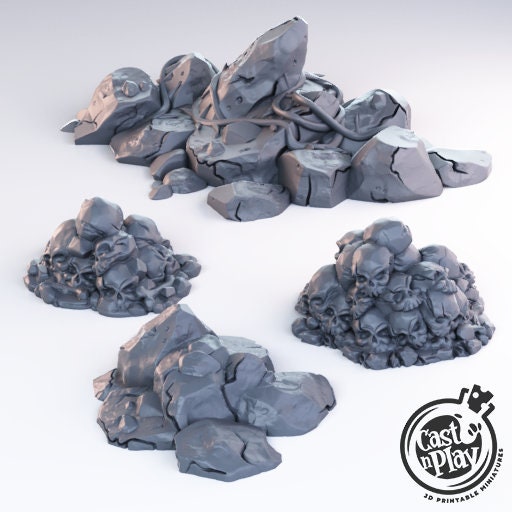 Rocks and Skulls Scatter Set of 4 | Shadows Reborn | July 2019 | 32mm Scale | CastNPlay | Dungeons and Dragons | TTRPG | Resin Miniatures
