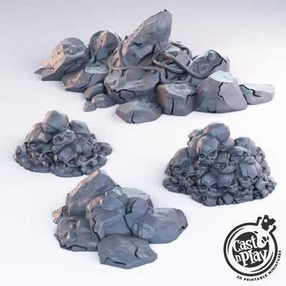 Rocks and Skulls Scatter Set of 4 | Shadows Reborn | July 2019 | 32mm Scale | CastNPlay | Dungeons and Dragons | TTRPG | Resin Miniatures