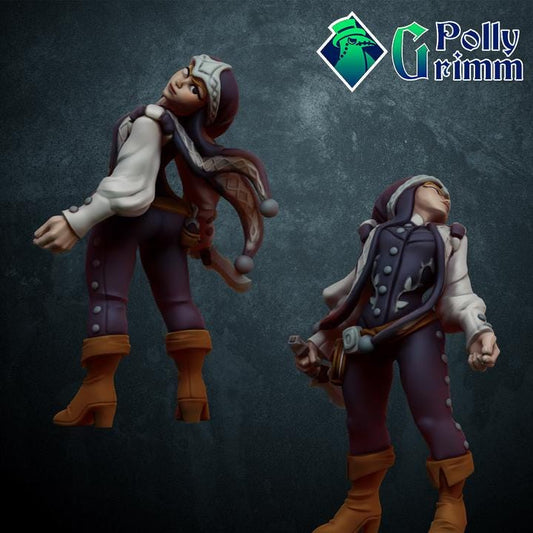 Magical jester girl with dagger, Rogue , Assassin  - Fantasy historic miniatures for tabletop games. 28mm / 32mm Resin Figures for RPG