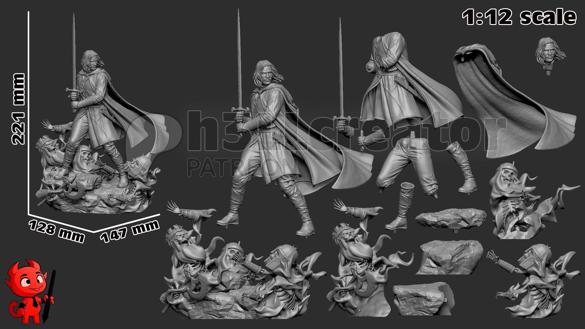 Aaragorn from The Lord of the Rings (fan art) | Full Model or Bust | Miniature scale 1:12 | h3LL Creator | DIY Model Kit