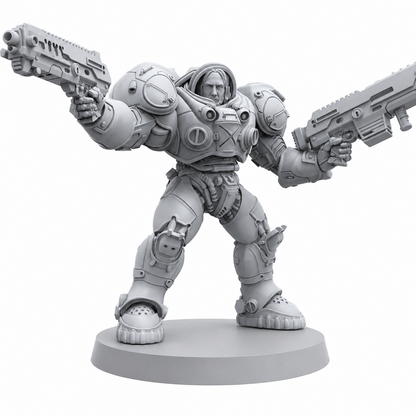 John Wick StarCraft mashup human power armor space marine Papsikels resin miniature on white background