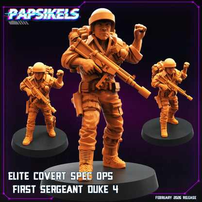 Papsikels First Sergeant Duke 4 sci-fi miniature in helmet with rifle and raised fist