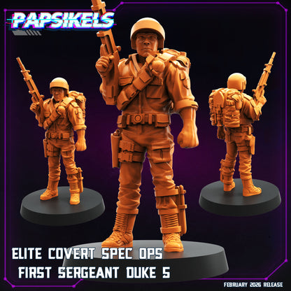 Papsikels First Sergeant Duke 5 sci-fi miniature in helmet holding rifle upright with tactical pack