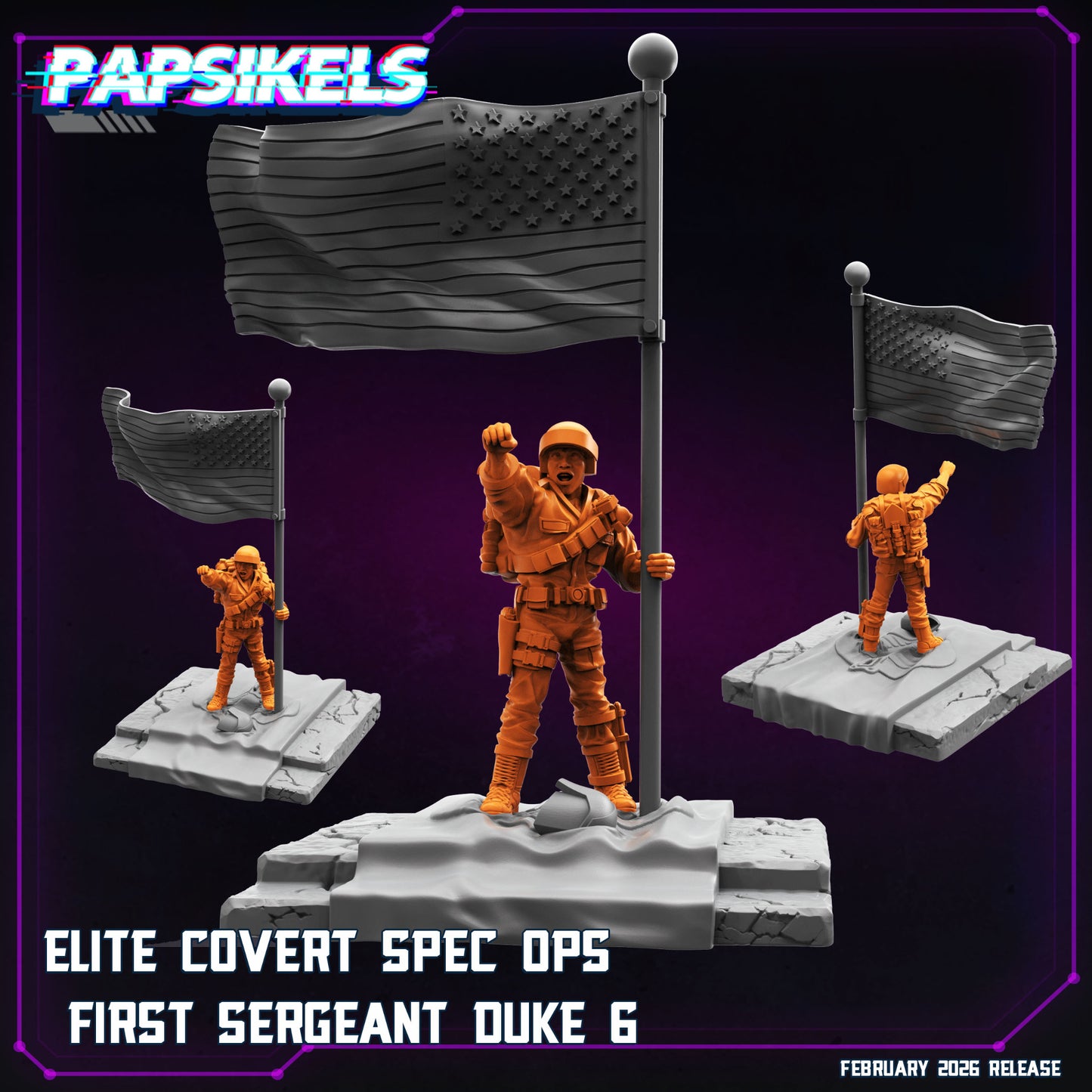 Papsikels First Sergeant Duke 6 sci-fi miniature raising a fist beside a large flag on scenic terrain