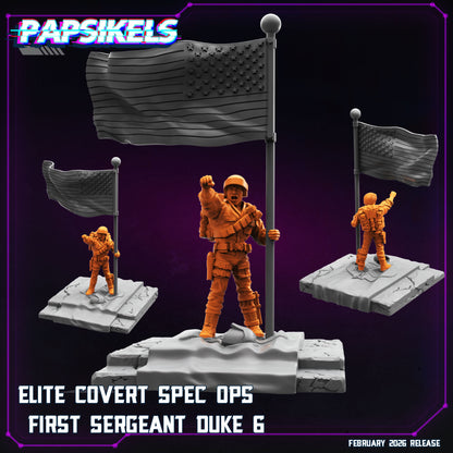 Papsikels First Sergeant Duke 6 sci-fi miniature raising a fist beside a large flag on scenic terrain