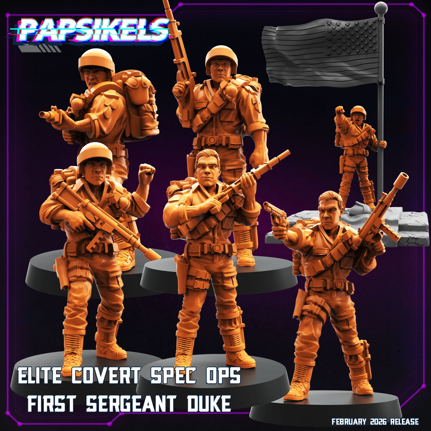 Papsikels Elite Covert Spec Ops First Sergeant Duke complete set of six tactical sci-fi miniatures