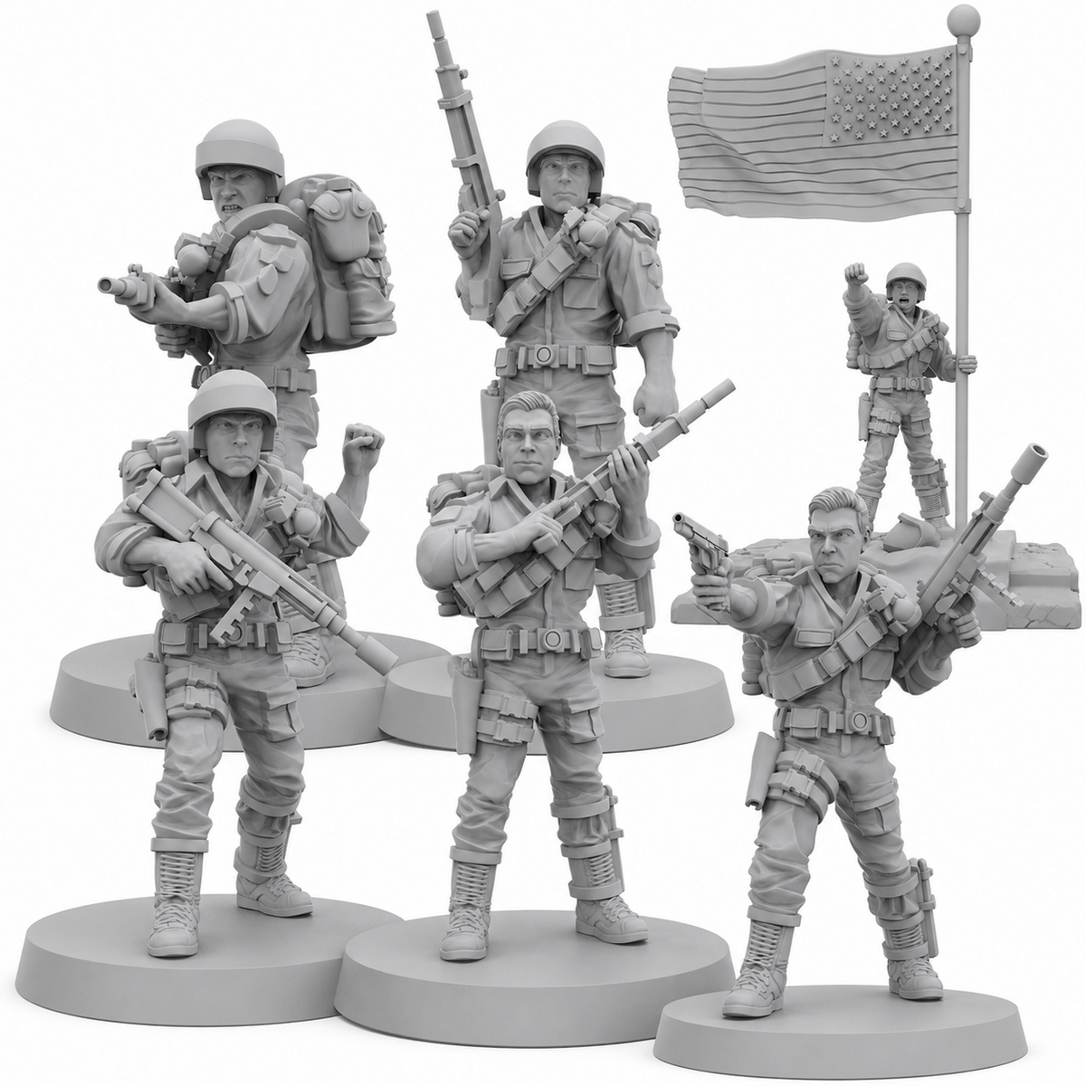 Papsikels Elite Covert Spec Ops First Sergeant Duke set of six sci-fi resin miniatures on white background