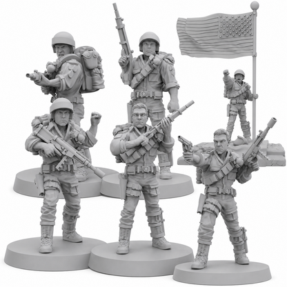 Papsikels Elite Covert Spec Ops First Sergeant Duke set of six sci-fi resin miniatures on white background