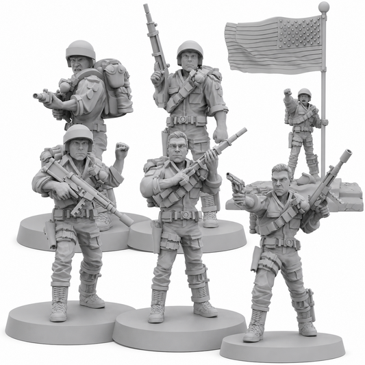 Papsikels Elite Covert Spec Ops First Sergeant Duke set of six sci-fi resin miniatures on white background