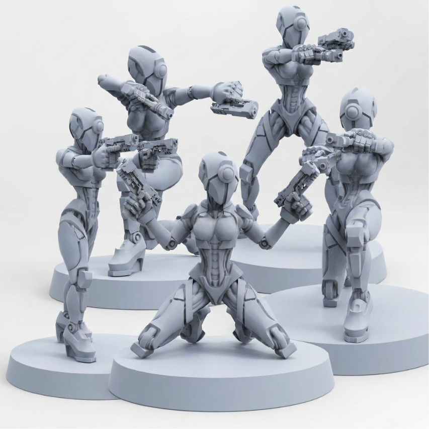 Papsikels FKMSA Sexy Droid Agents cyberpunk resin miniatures complete set on white background