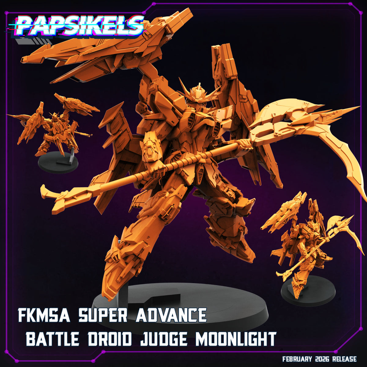Papsikels FKMSA Super Advance Battle Droid Judge Moonlight futuristic cyberpunk combat mecha promotional render