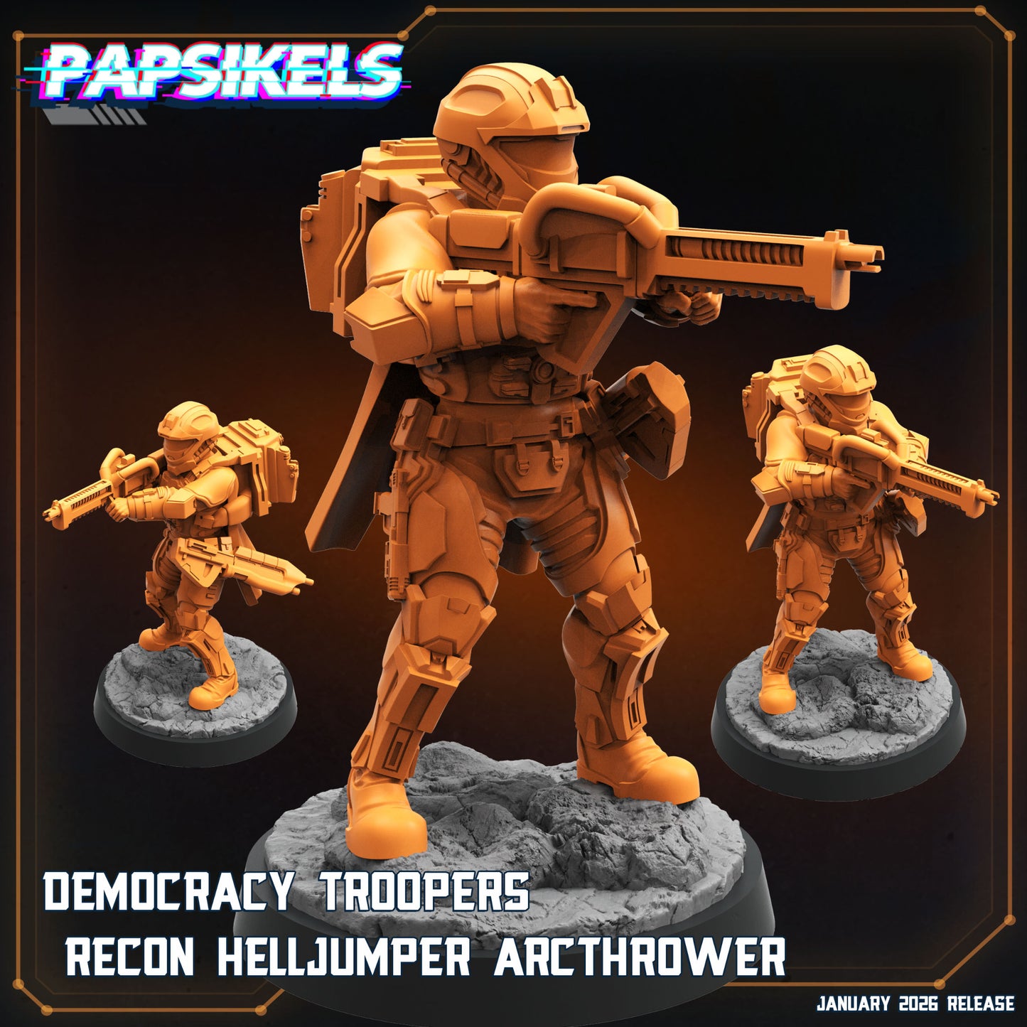 Papsikels Democracy Troopers Recon Helljumper Arcthrower sci-fi miniature with arc weapon and backpack