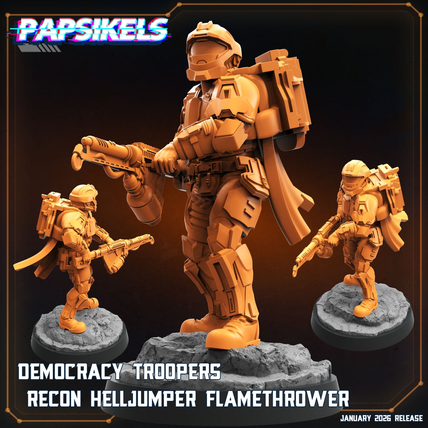 Papsikels Democracy Troopers Recon Helljumper Flamethrower sci-fi miniature with incendiary weapon and backpack
