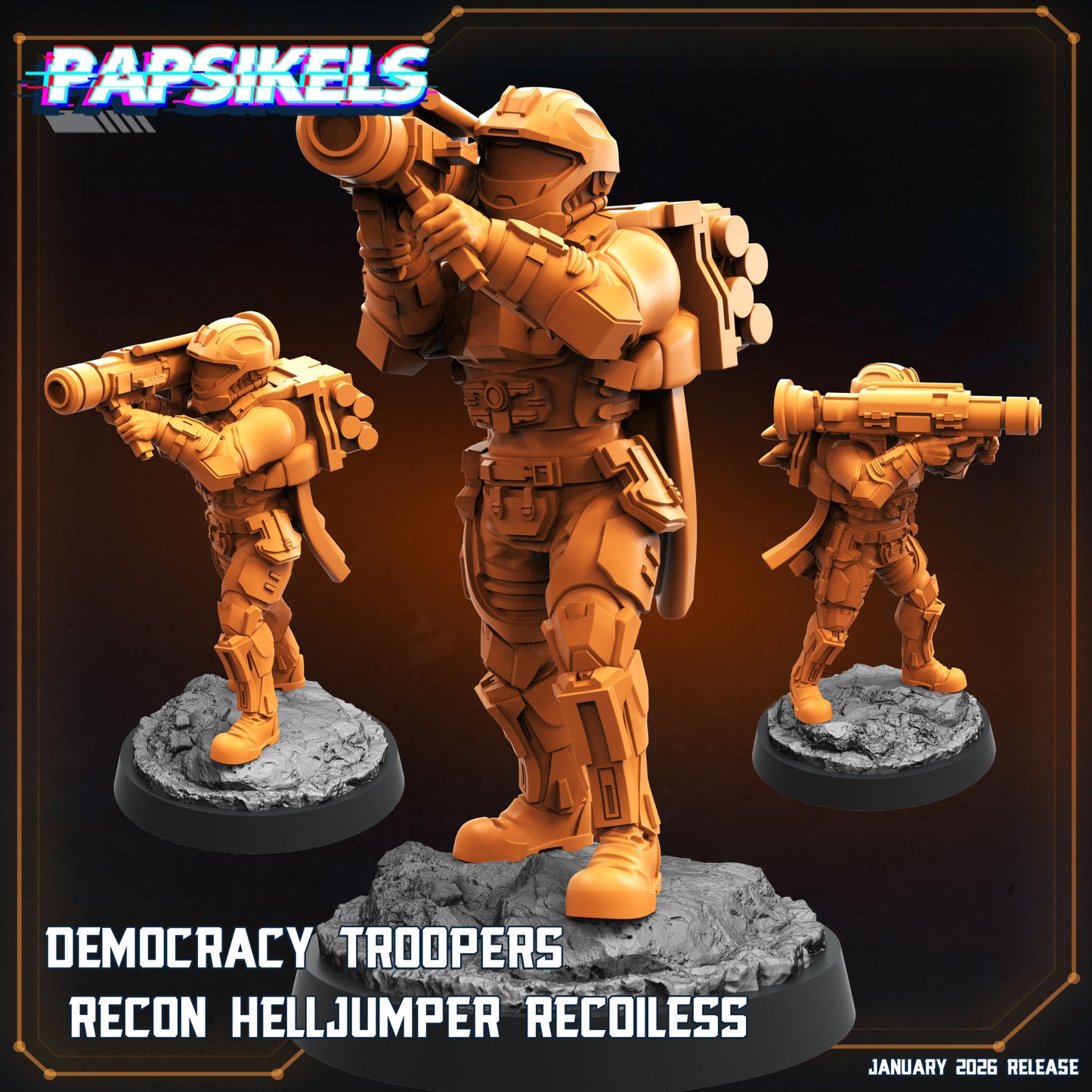 Papsikels Democracy Troopers Recon Helljumper Recoilless sci-fi miniature aiming a shoulder fired heavy weapon
