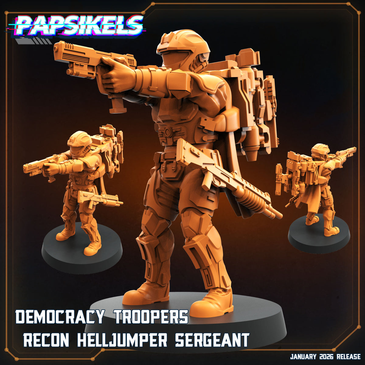Papsikels Democracy Troopers Recon Helljumper Sergeant sci-fi miniature with rifle and sidearm