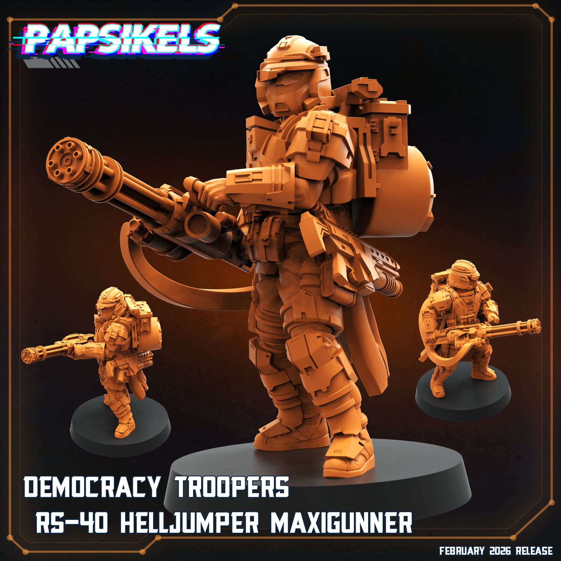 Papsikels Democracy Troopers RS-40 Helljumper Maxigunner sci-fi miniature carrying a heavy rotary weapon