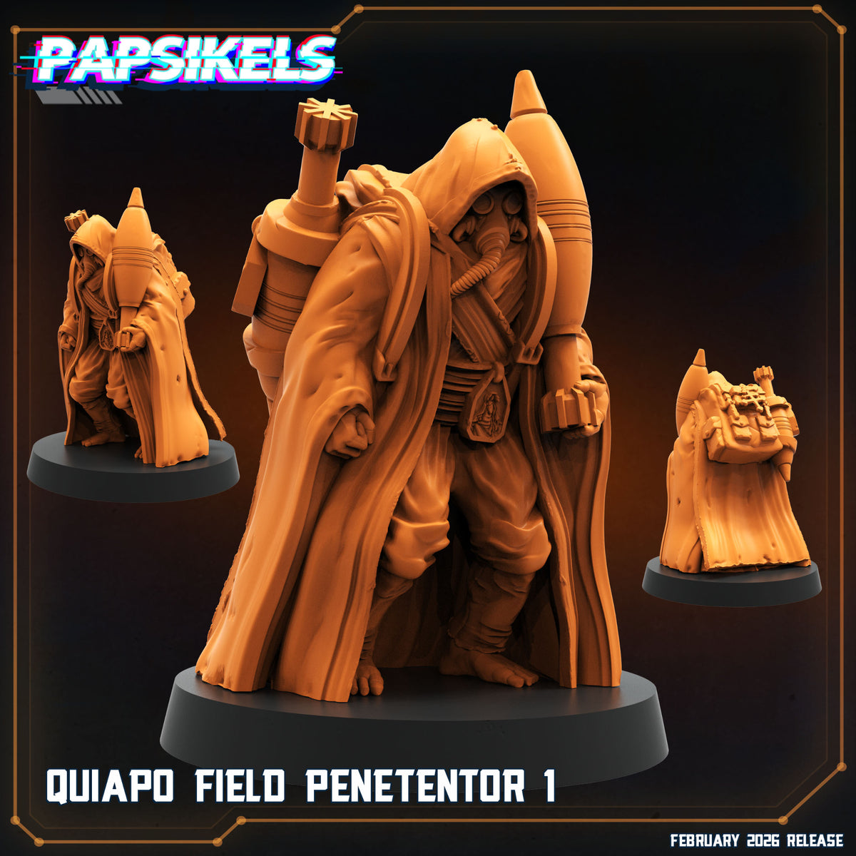 Quiapo Field Penetentor 1 Papsikels Trench Crusade proxy resin miniature with hood gas mask cloak and heavy shell