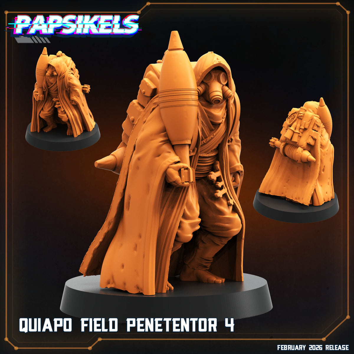 Quiapo Field Penetentor 4 Papsikels Trench Crusade proxy resin miniature with hood gas mask cloak field pack and heavy shell
