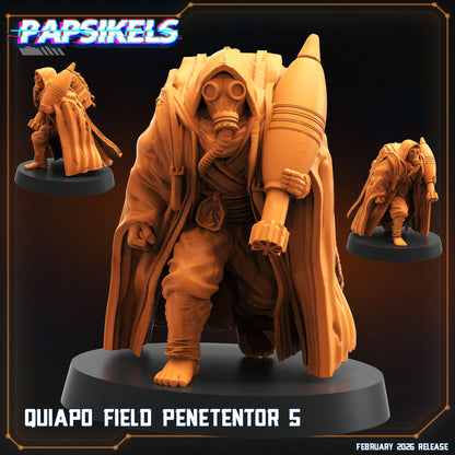 Quiapo Field Penetentor 5 Papsikels Trench Crusade proxy resin miniature crouched with hood respirator cloak and heavy shell