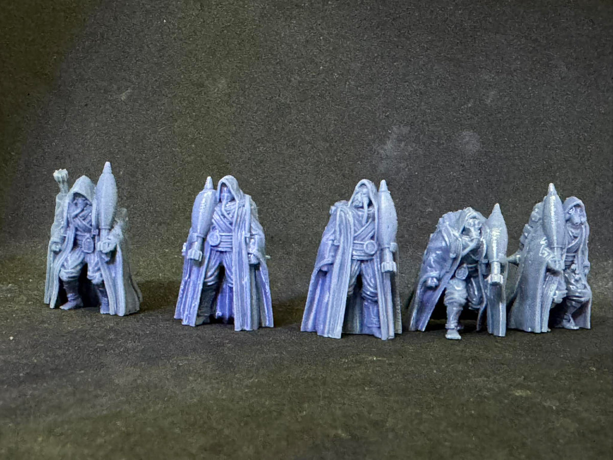 Printed Quiapo Field Penetentors resin miniature set showing all five poses for scale and detail reference