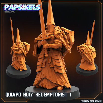 Quiapo Holy Redemptorist 1 Papsikels Trench Crusade proxy resin miniature with tall penitential helm shield and sword