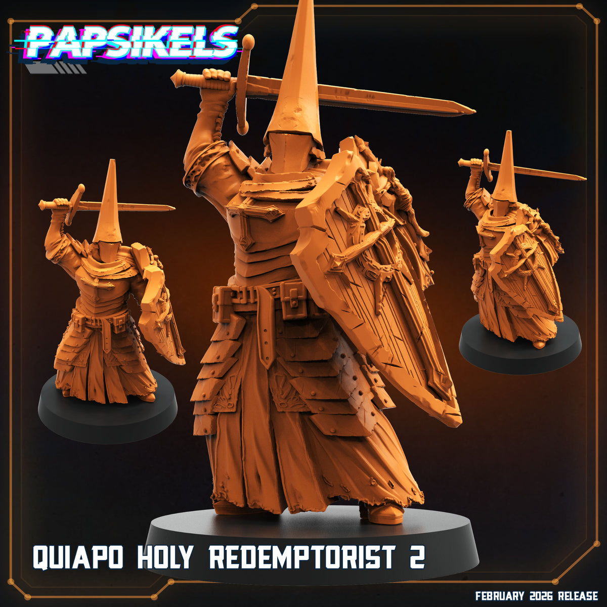Quiapo Holy Redemptorist 2 Papsikels Trench Crusade proxy resin miniature raising sword with tall penitential helm and shield