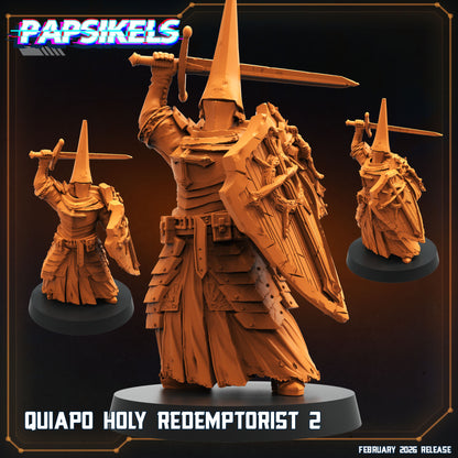 Quiapo Holy Redemptorist 2 Papsikels Trench Crusade proxy resin miniature raising sword with tall penitential helm and shield