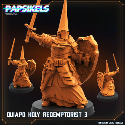 Quiapo Holy Redemptorist 3 Papsikels Trench Crusade proxy resin miniature with raised sword shield and tall penitential helm