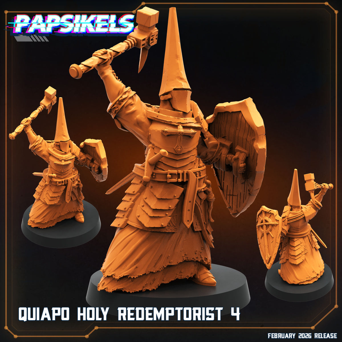 Quiapo Holy Redemptorist 4 Papsikels Trench Crusade proxy resin miniature with raised war hammer shield and tall penitential helm