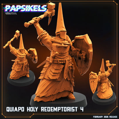 Quiapo Holy Redemptorist 4 Papsikels Trench Crusade proxy resin miniature with raised war hammer shield and tall penitential helm