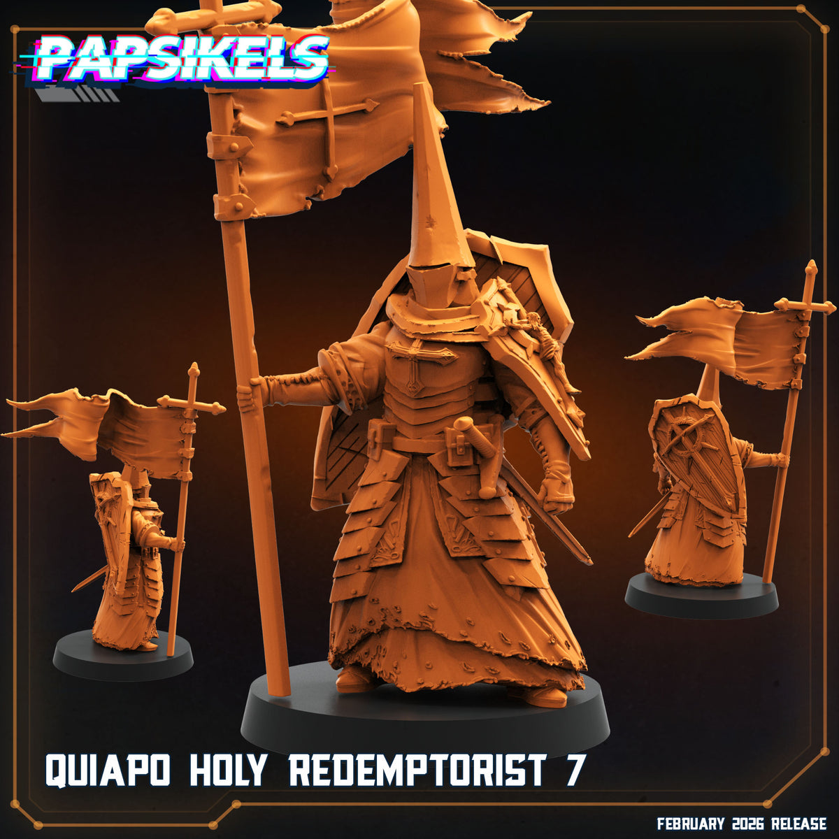 Quiapo Holy Redemptorist 7 Papsikels Trench Crusade proxy resin miniature carrying tattered battle standard shield and tall penitential helm