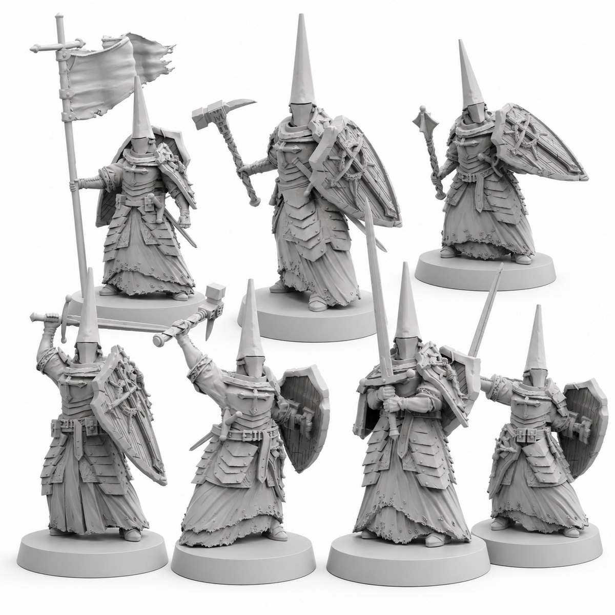 Quiapo Holy Redemptorists set of seven Papsikels Trench Crusade proxy resin miniatures on white background
