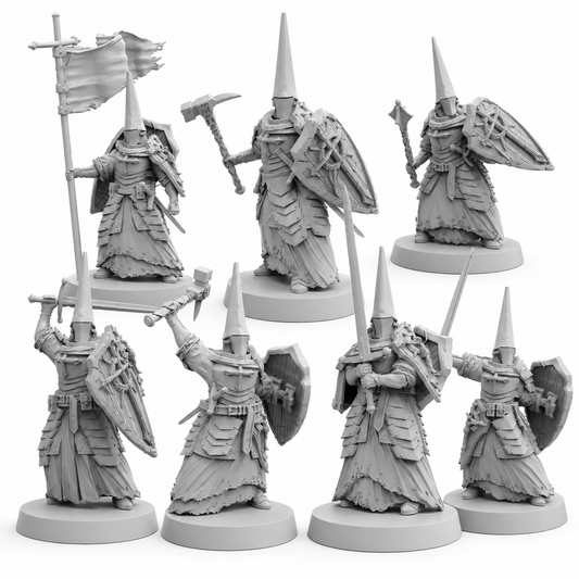 Quiapo Holy Redemptorists set of seven Papsikels Trench Crusade proxy resin miniatures on white background