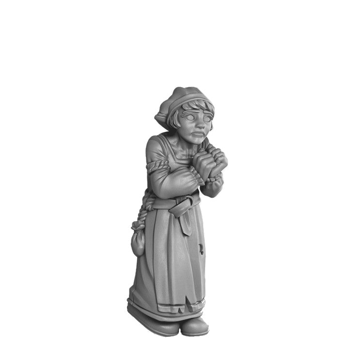 Scared girl in the woods fantasy resin miniature in matte light grey