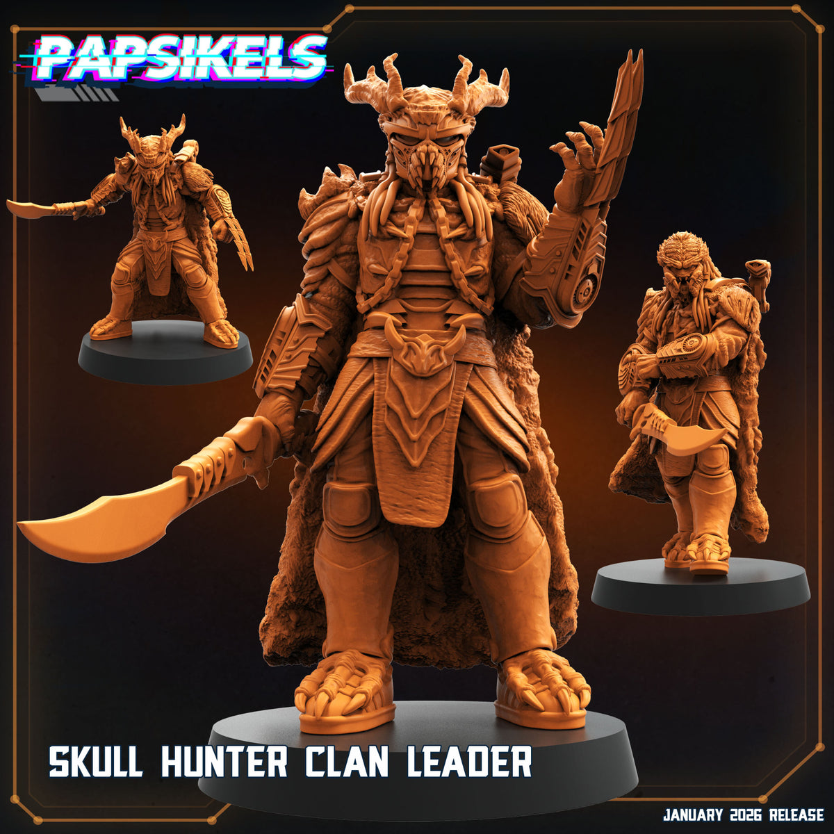 Skull Hunter Clan Leader Papsikels Predator Badlands inspired sci-fi hunter resin miniature front view