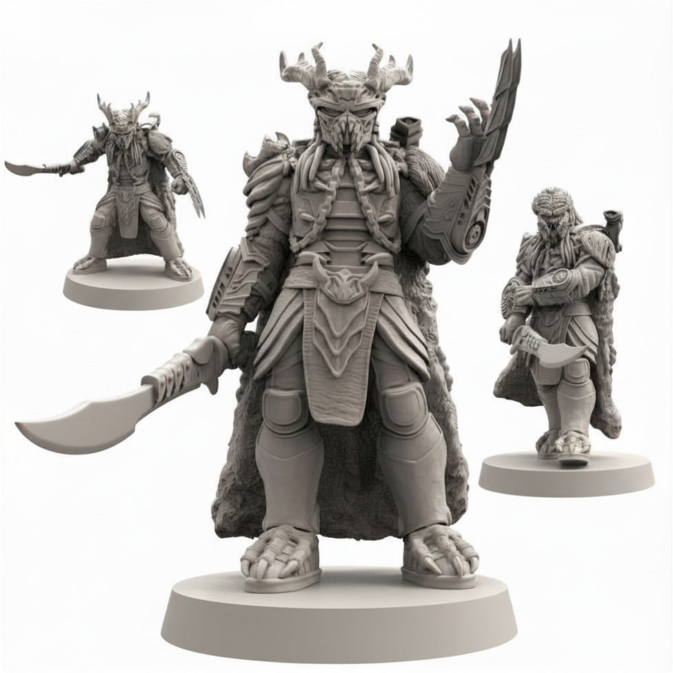 Skull Hunter Clan Leaders Papsikels Predator Badlands inspired sci-fi resin miniature set on white background